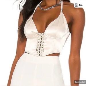 Superdown Skylar Lace Up Corset Halter Top XS NWT Nude Satin Bustier Revolve